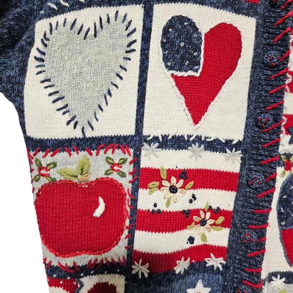 VTG Heirloom Collectibles Cardigan Sweater Red/Wht/Blue Embroidered Beaded XL - Picture 3 of 6